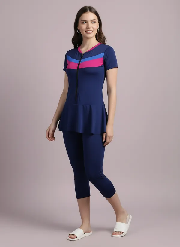 Navy_&_Magenta_Color_Block_Knee_Length_Frock_Style_Padded_One_Piece_Swimwear_For_Women_&_Girls