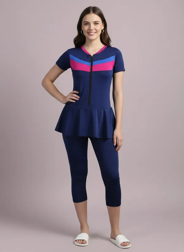 Navy_&_Magenta_Color_Block_Knee_Length_Frock_Style_Padded_One_Piece_Swimwear_For_Women_&_Girls