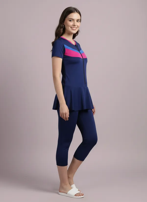 Navy_&_Magenta_Color_Block_Knee_Length_Frock_Style_Padded_One_Piece_Swimwear_For_Women_&_Girls