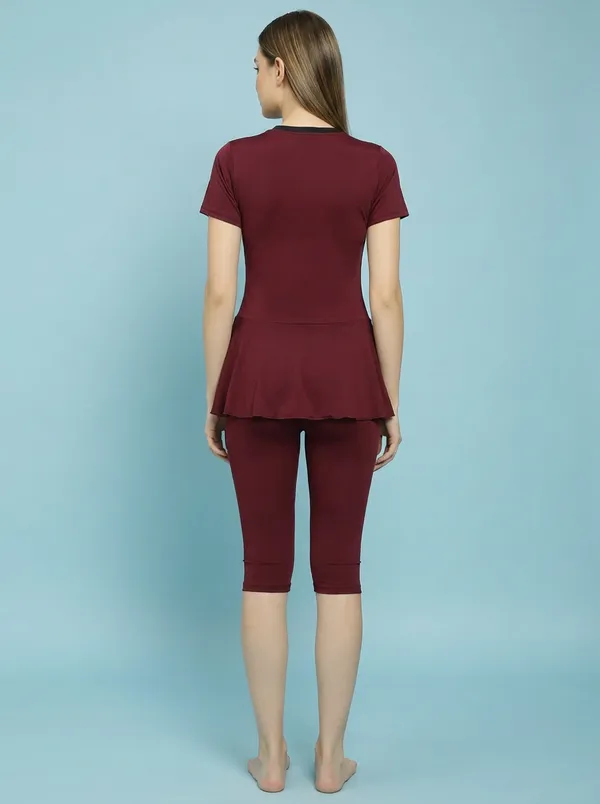 Wine_Color_Block_Knee_Length_Frock_Style_Padded_One_Piece_Swimwear_For_Women_&_Girls