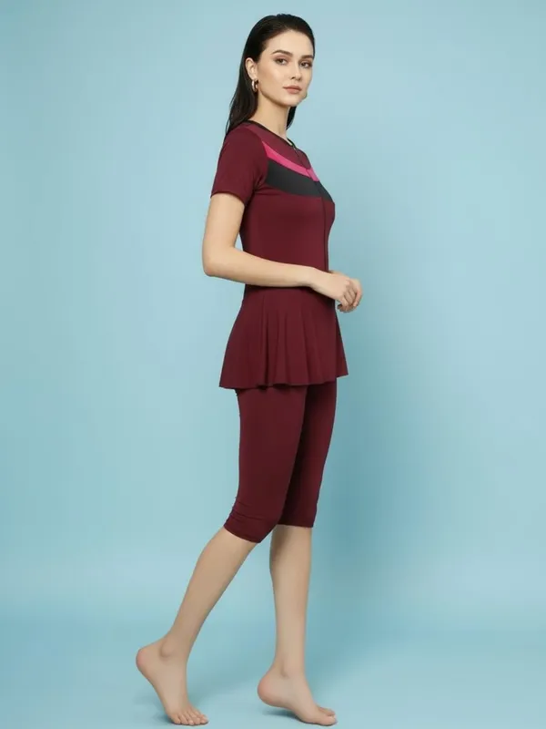 Wine_Color_Block_Knee_Length_Frock_Style_Padded_One_Piece_Swimwear_For_Women_&_Girls