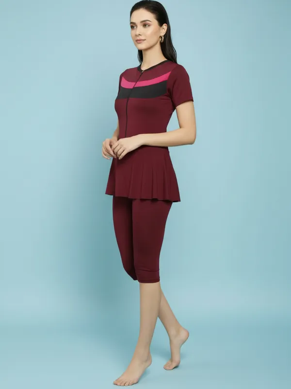 Wine_Color_Block_Knee_Length_Frock_Style_Padded_One_Piece_Swimwear_For_Women_&_Girls