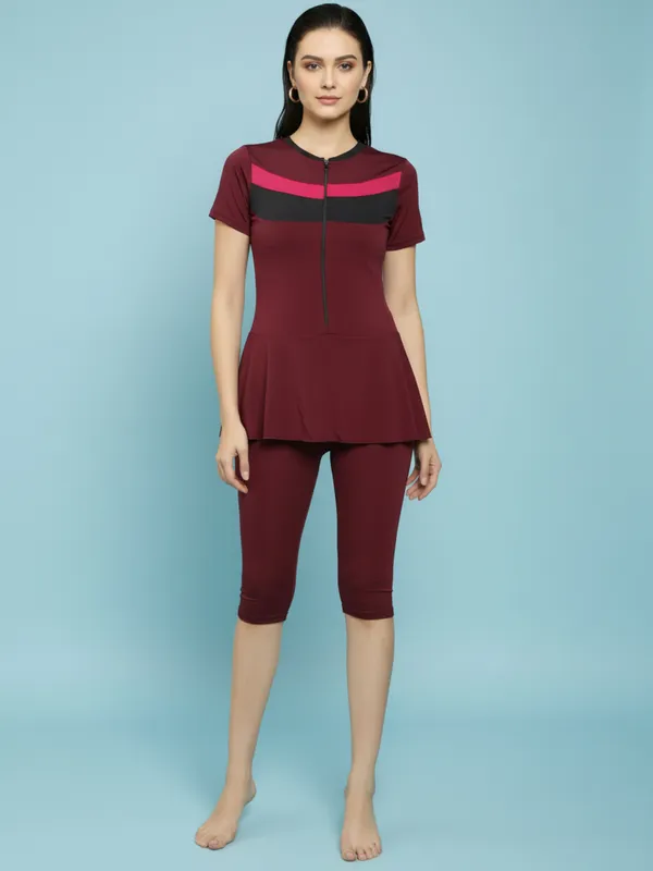 Wine_Color_Block_Knee_Length_Frock_Style_Padded_One_Piece_Swimwear_For_Women_&_Girls