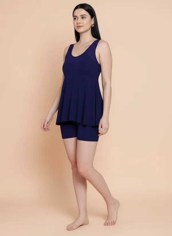 NavyBlue_Padded_One_Piece_Swim_Dress_For_Women_&_Girls
