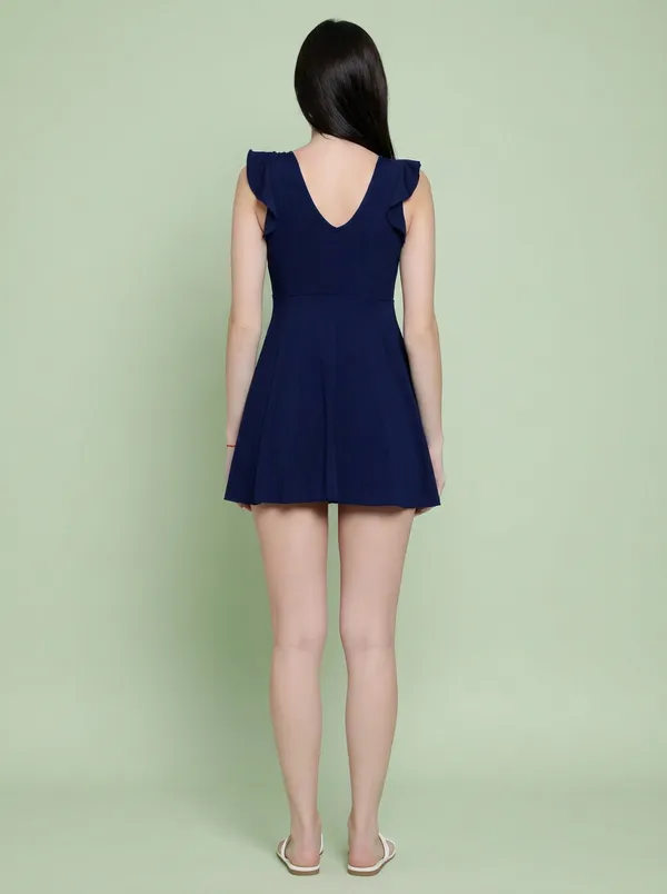 Navy_Blue_Padded_V-Neck_Swim_Dress_For_Women_&_Girls