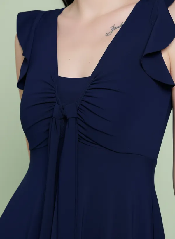 Navy_Blue_Padded_V-Neck_Swim_Dress_For_Women_&_Girls