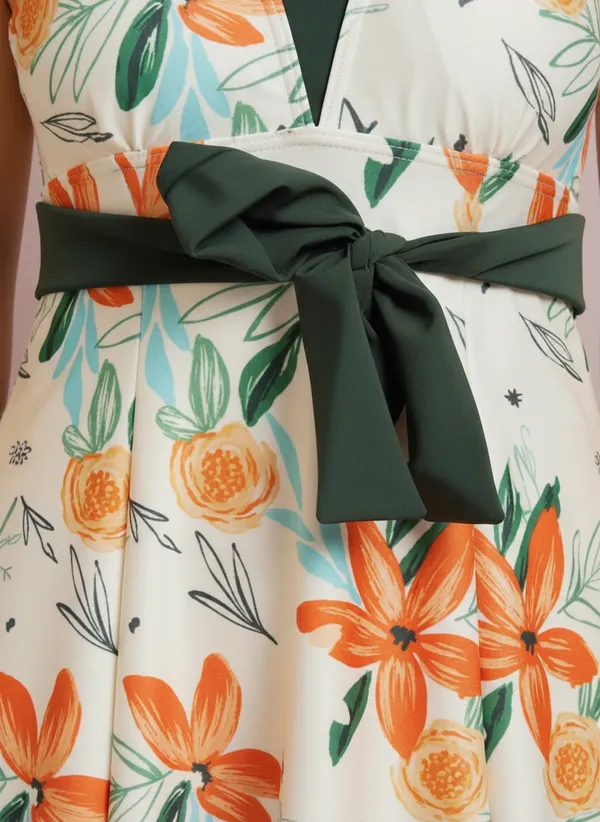 Orange_&_Green_Athletic_Printed_Frock_Style_Front_Knot_Attached_Short_One_Piece_Swimdress_For_Women_&_Girls