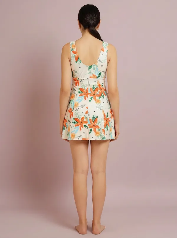 Orange_&_Green_Athletic_Printed_Frock_Style_Front_Knot_Attached_Short_One_Piece_Swimdress_For_Women_&_Girls