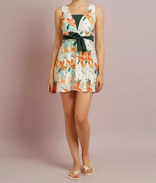 Orange_&_Green_Athletic_Printed_Frock_Style_Front_Knot_Attached_Short_One_Piece_Swimdress_For_Women_&_Girls