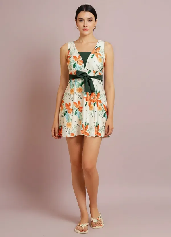 Orange_&_Green_Athletic_Printed_Frock_Style_Front_Knot_Attached_Short_One_Piece_Swimdress_For_Women_&_Girls