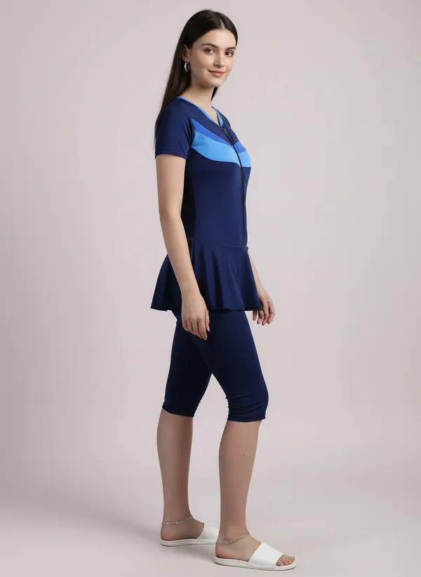 Navy_Blue_Block_Knee_Length_Frock_Style_Padded_One_Piece_Swimwear_For_Women_&_Girls