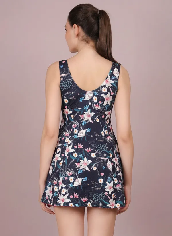 Navy_&_Pink_Athletic_Printed_Frock_Style_Front_Knot_Attached_Short_One_Piece_Swimdress_For_Women_&_Girls