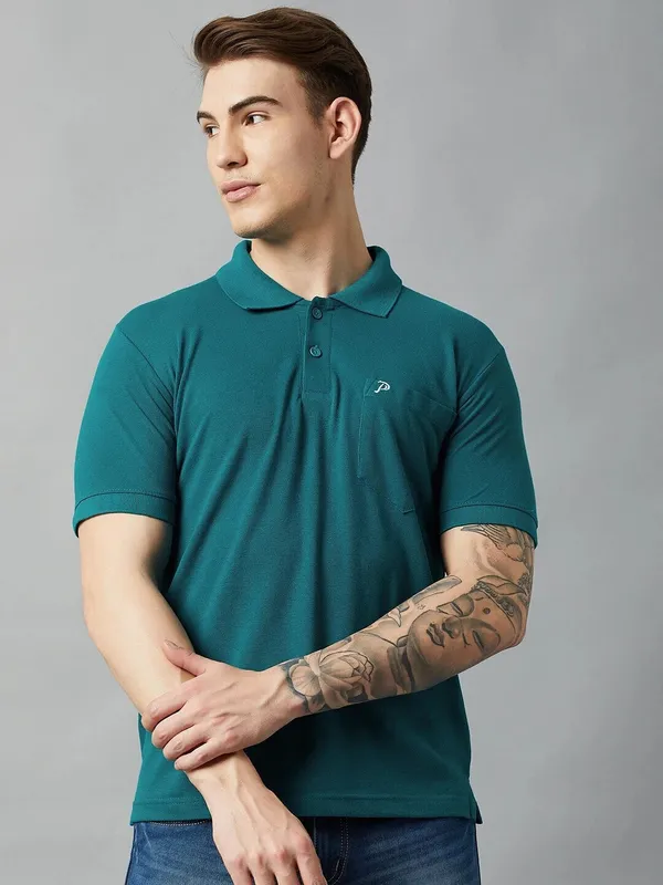 Blue_Cotton_Blend_Solid_T-Shirt_For_Men