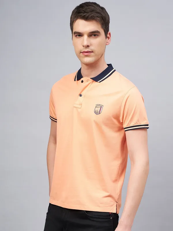 Peach_Cotton_Blend_Self_Design_T-Shirt_For_Men