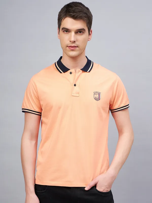 Peach_Cotton_Blend_Self_Design_T-Shirt_For_Men