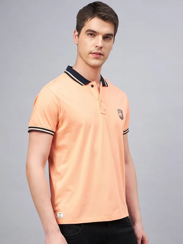 Peach_Cotton_Blend_Self_Design_T-Shirt_For_Men