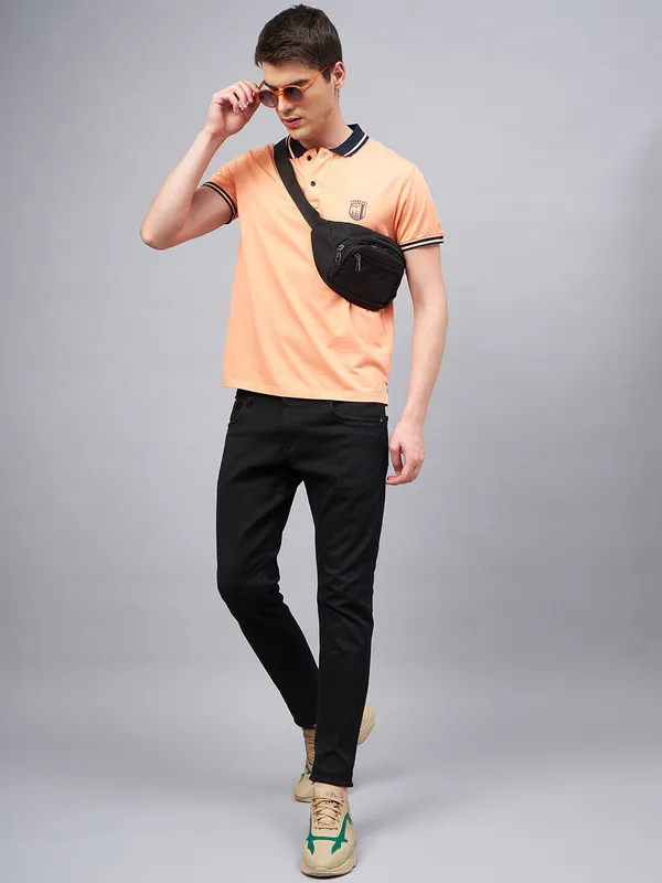 Peach_Cotton_Blend_Self_Design_T-Shirt_For_Men