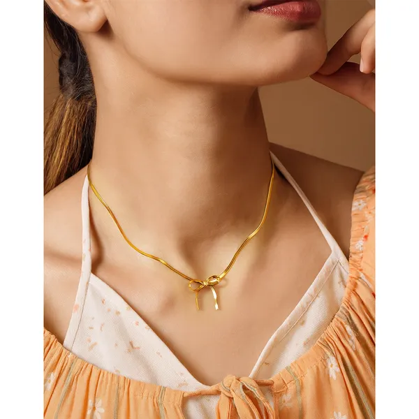 18K_Gold_Plated_Bow_Blush_Snake_Chain_Necklace_For_Women