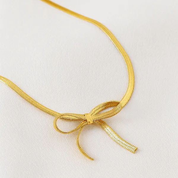 18K_Gold_Plated_Bow_Blush_Snake_Chain_Necklace_For_Women