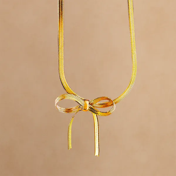 18K_Gold_Plated_Bow_Blush_Snake_Chain_Necklace_For_Women