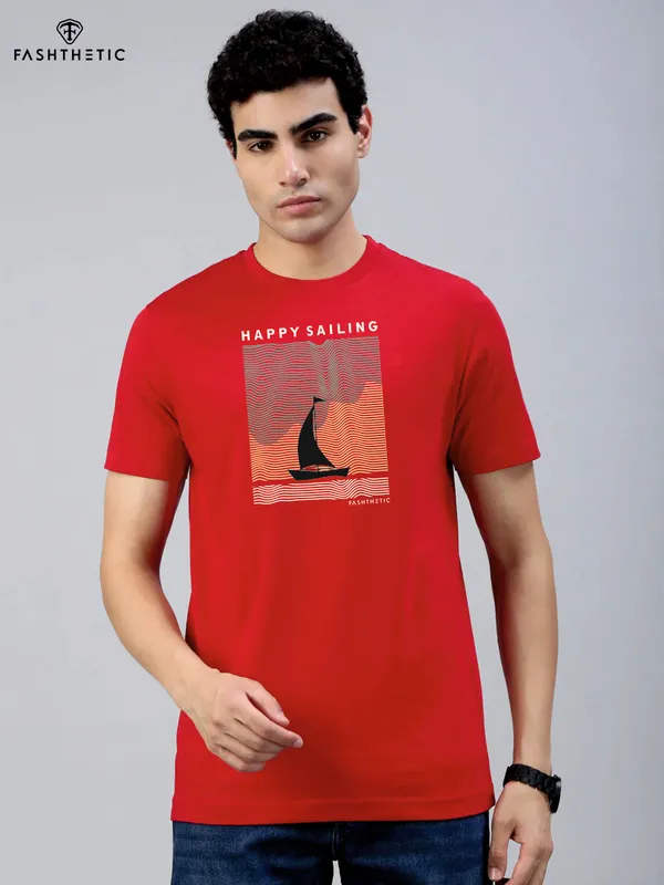 Red_Cotton_Happy_Sailing_T_Shirt_For_Adults