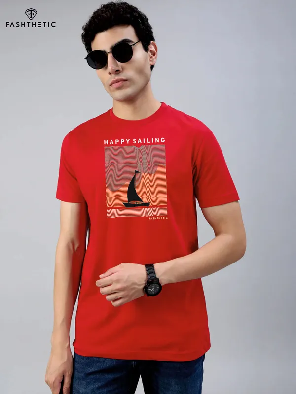 Red_Cotton_Happy_Sailing_T_Shirt_For_Adults