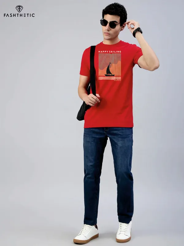 Red_Cotton_Happy_Sailing_T_Shirt_For_Adults
