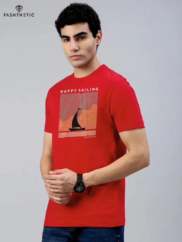 Red_Cotton_Happy_Sailing_T_Shirt_For_Adults