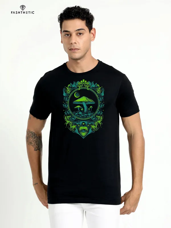 Black_Cotton_Neon_Mushroom_T_Shirt_For_Adults