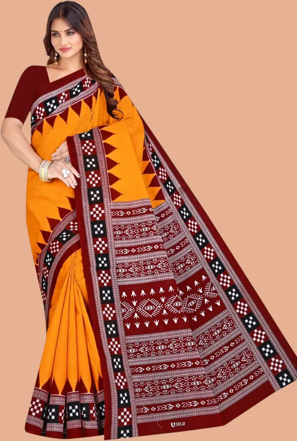 Orange_&_Red_Pure_cotton_Sambalpuri_Printed_Saree_Push_Premium_For_Women