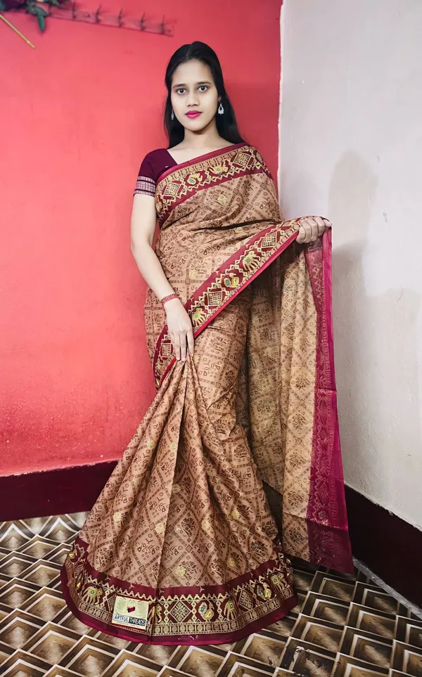 Pure_Cotton_Gold_&_Silver_Printed_Saree_With_Sambalpuri_Touch