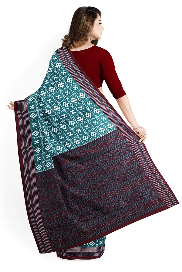 Teal_Blue__Pure_cotton_Sambalpuri_Printed_Saree_Push_Premium_For_Women