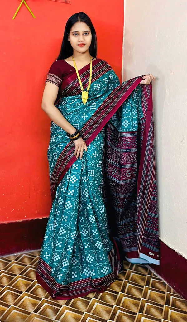 Teal_Blue__Pure_cotton_Sambalpuri_Printed_Saree_Push_Premium_For_Women