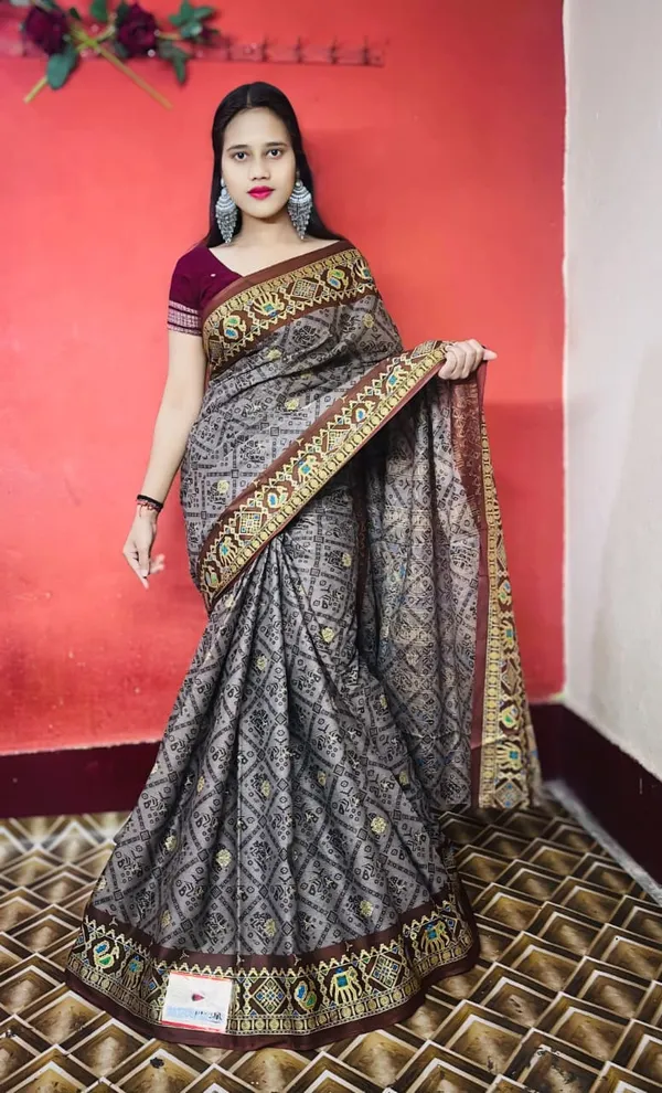 Pure_Cotton_Gold_&_Silver_Printed_Saree_With_Sambalpuri_Touch