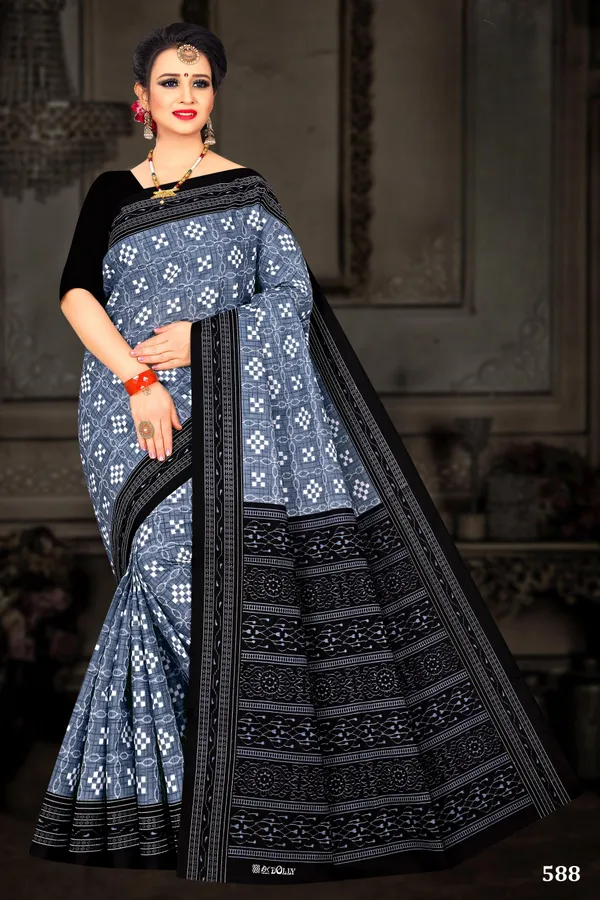 Grey_&_Black__Pure_Cotton_Sambalpuri_Printed_Saree_Push_Premium_For_Women