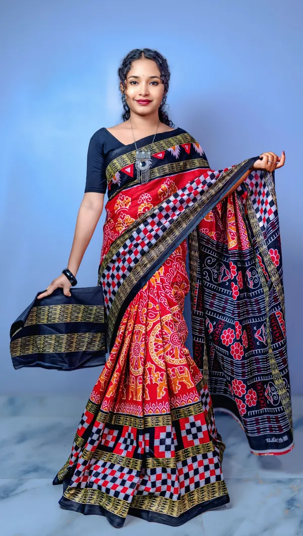 Blue_&_Red_Pure_cotton_Sambalpuri_Printed_Saree_Push_Premium_For_Women