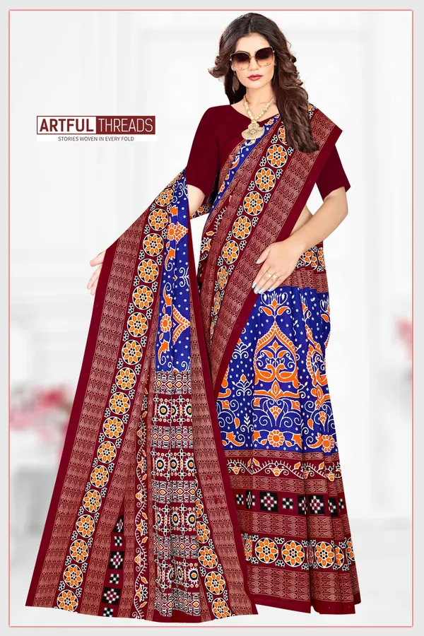 Blue__Pure_Cotton_Sambalpuri_Printed_Saree_Push_Premium_For_Women