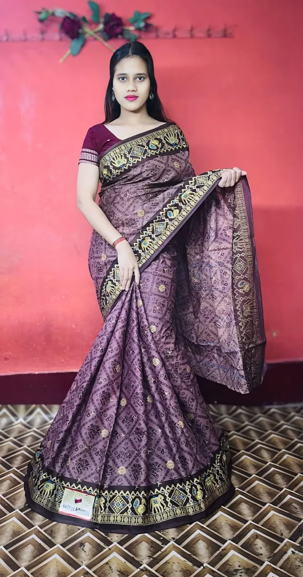 Pure_Cotton_Gold_&_Silver_Printed_Saree_With_Sambalpuri_Touch