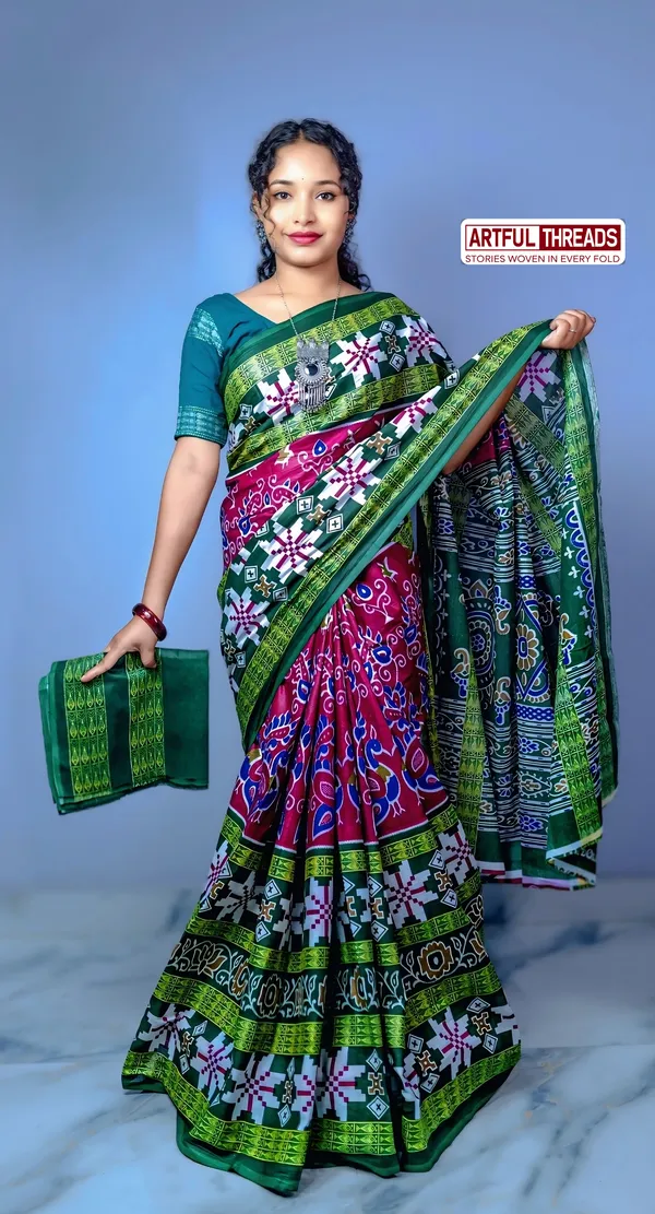 Green_&_Pink_Pure_Cotton_Sambalpuri_Printed_Saree_Push_Premium_For_Women