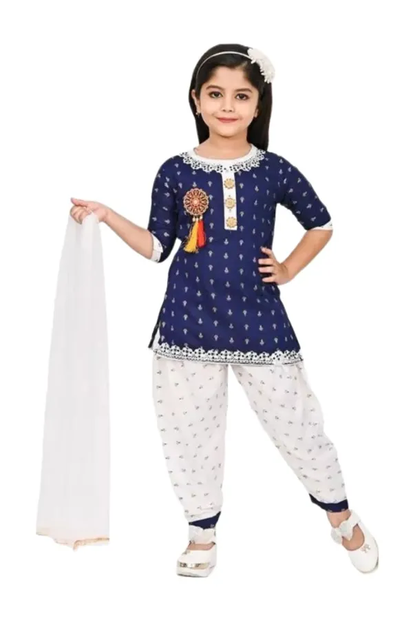 Navy_Blue_Rayon_Cotton_Makkhi_Print_Three-Quarter_Sleeves_Churidar_Set_For_Girls