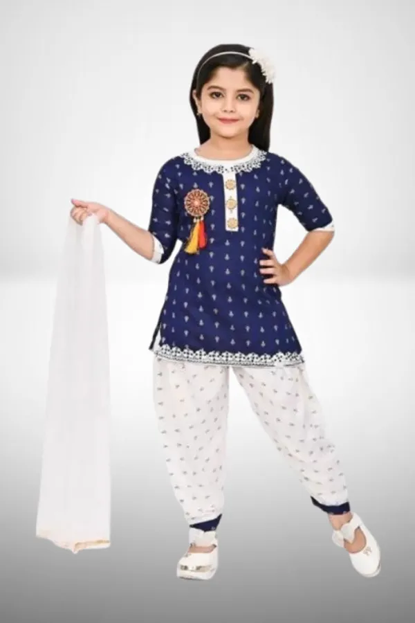 Navy_Blue_Rayon_Cotton_Makkhi_Print_Three-Quarter_Sleeves_Churidar_Set_For_Girls