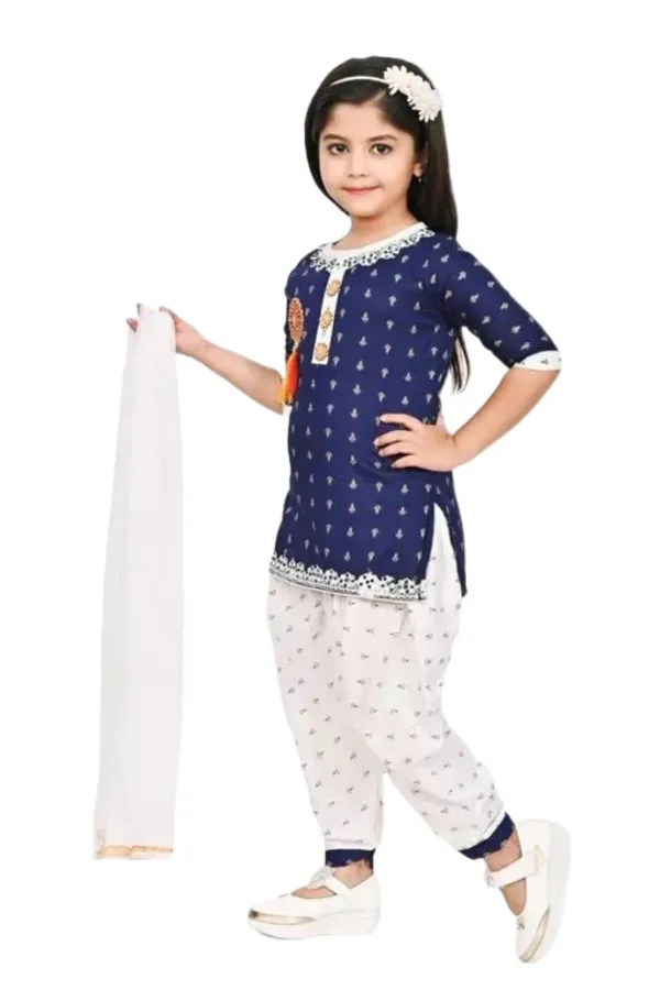 Navy_Blue_Rayon_Cotton_Makkhi_Print_Three-Quarter_Sleeves_Churidar_Set_For_Girls