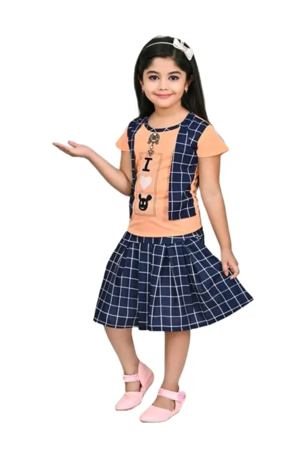 Peach_Cotton_Polyster_Short_Sleeves_Top_Skirt_Set_For_Girls