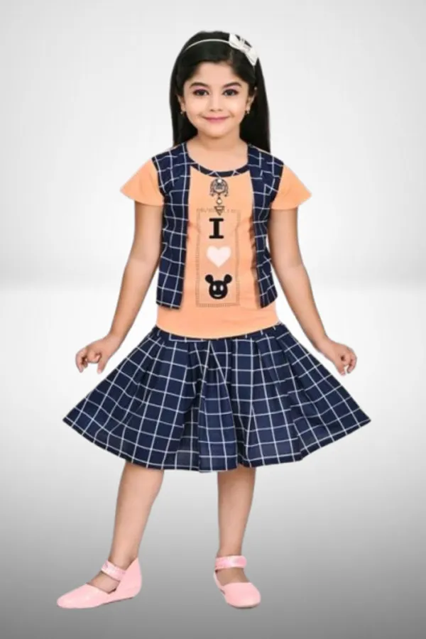 Peach_Cotton_Polyster_Short_Sleeves_Top_Skirt_Set_For_Girls