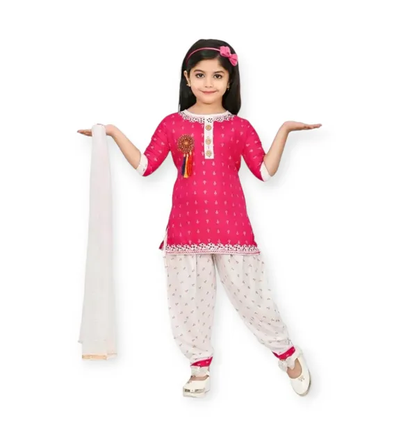 Pink_Rayon_Cotton_Makkhi_Print_Three-Quarter_Sleeves_Churidar_Set_For_Girls