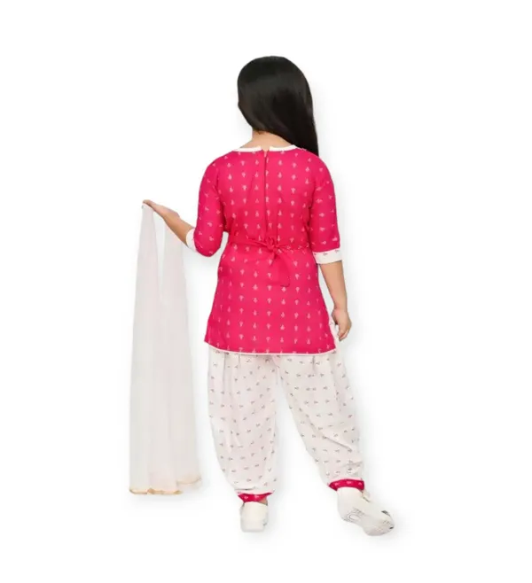 Pink_Rayon_Cotton_Makkhi_Print_Three-Quarter_Sleeves_Churidar_Set_For_Girls