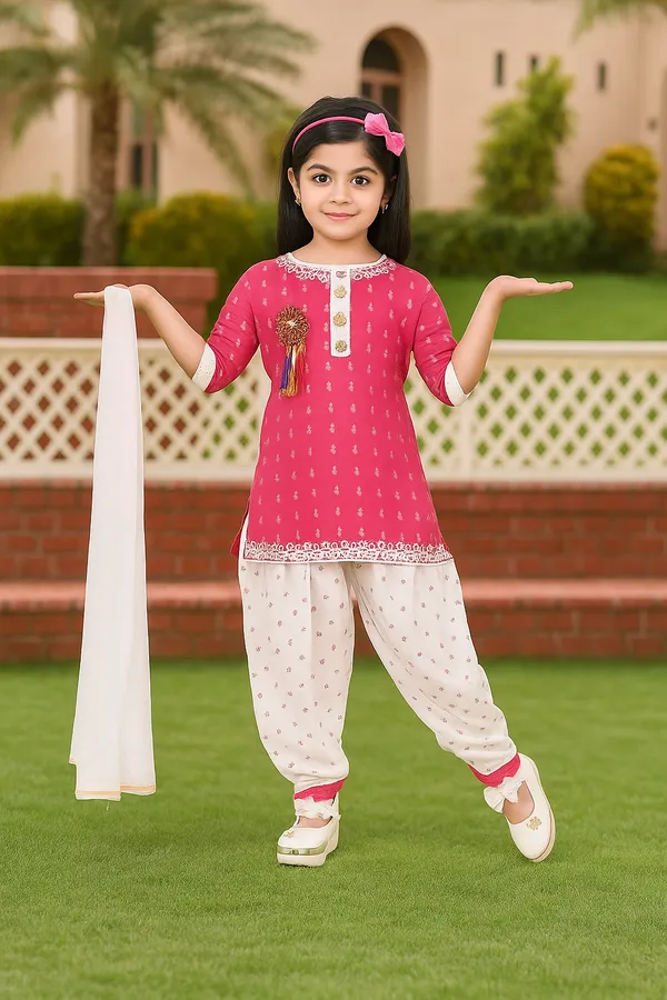 Pink_Rayon_Cotton_Makkhi_Print_Three-Quarter_Sleeves_Churidar_Set_For_Girls