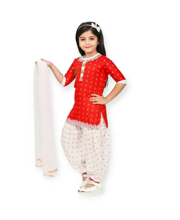 Red_Rayon_Cotton_Makkhi_Print_Three-Quarter_Sleeves_Churidar_Set_For_Girls