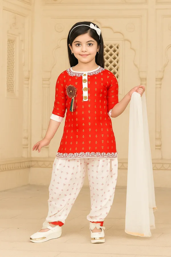 Red_Rayon_Cotton_Makkhi_Print_Three-Quarter_Sleeves_Churidar_Set_For_Girls