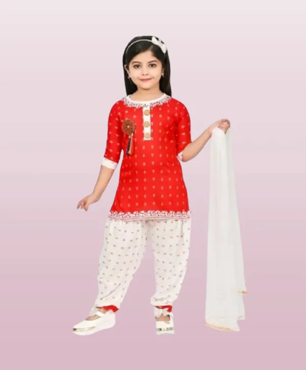 Red_Rayon_Cotton_Makkhi_Print_Three-Quarter_Sleeves_Churidar_Set_For_Girls